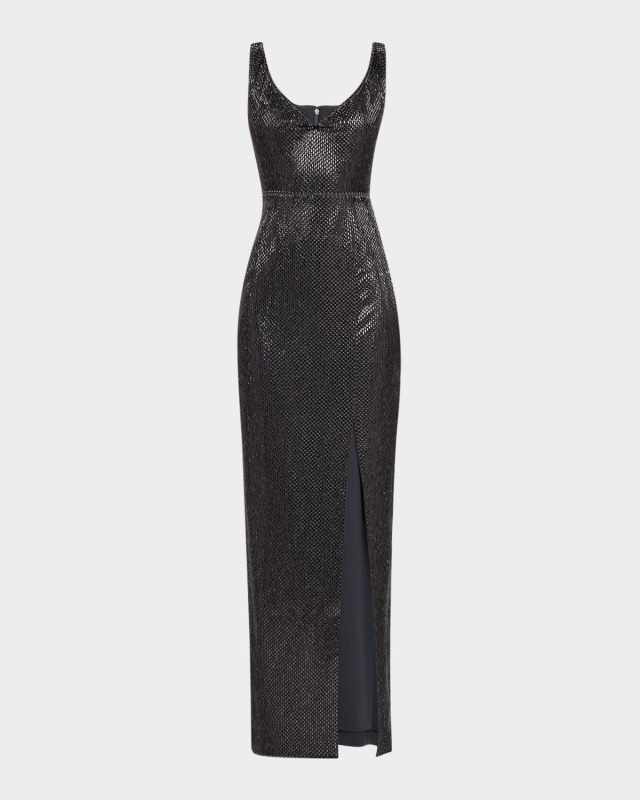 V-Neck Diamante Crepe Sleeveless Gown